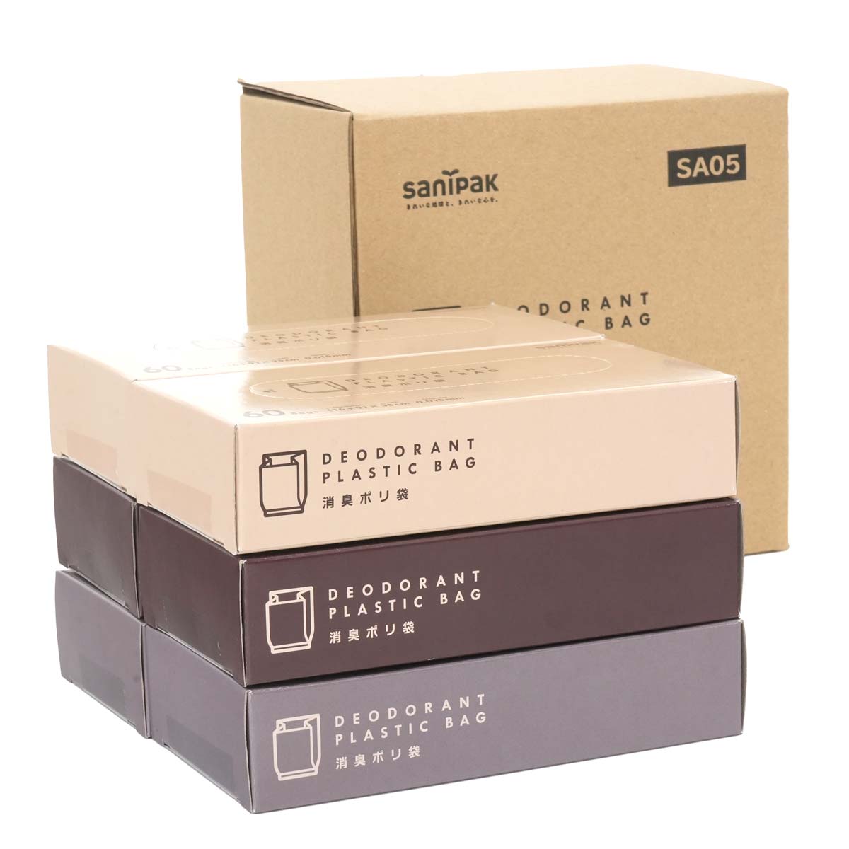 段ボールの箱に入った6個パックの消臭ポリ袋。気になるニオイを化学的消臭。